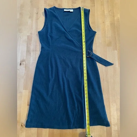 Cynthia Rowley Faux Wrap Sleeveless V-Neck Buckle Navy Blue Dress Size Large EUC - Picture 9 of 12